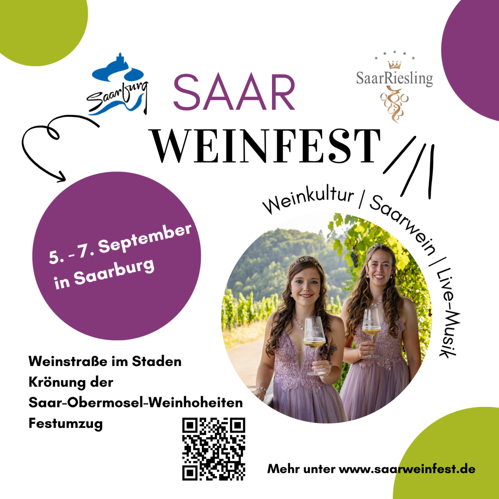Werbebild zeigt die Saar-Obermosel-Weinhoheiten und die Logos der Veranstalter