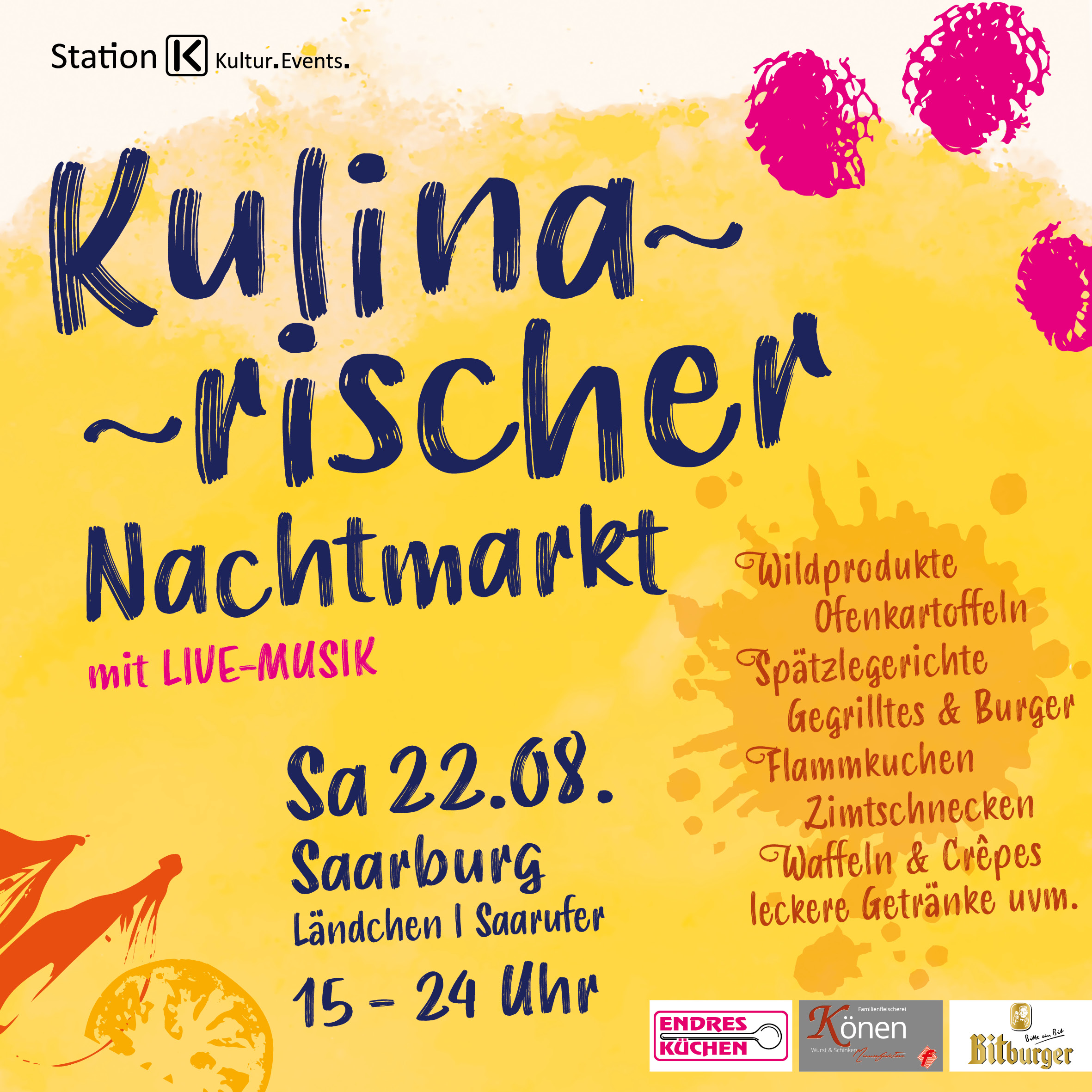 Poster, geb mit Blumen und Vögeln Kulinarischer Nachtmarkt